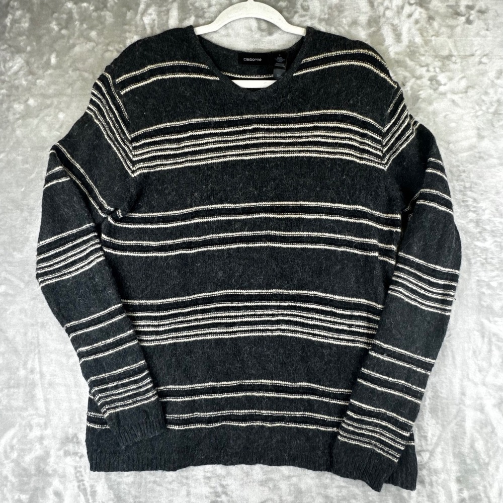 Claiborne Sweater Women Small‎ Black Striped Silk Alpaca Blend Pullover (1616)